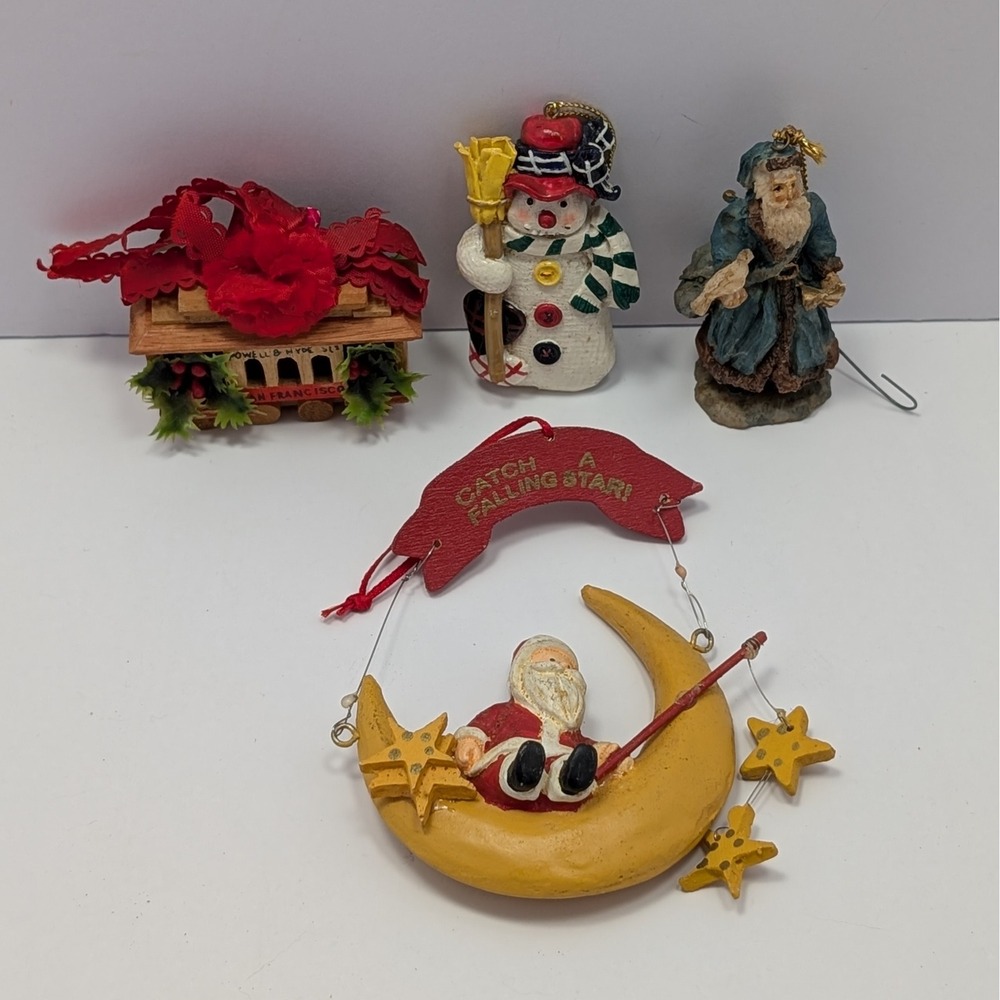 Vintage Christmas Ornaments Lot San Francisco Cable Car Santa Snowman Moon
